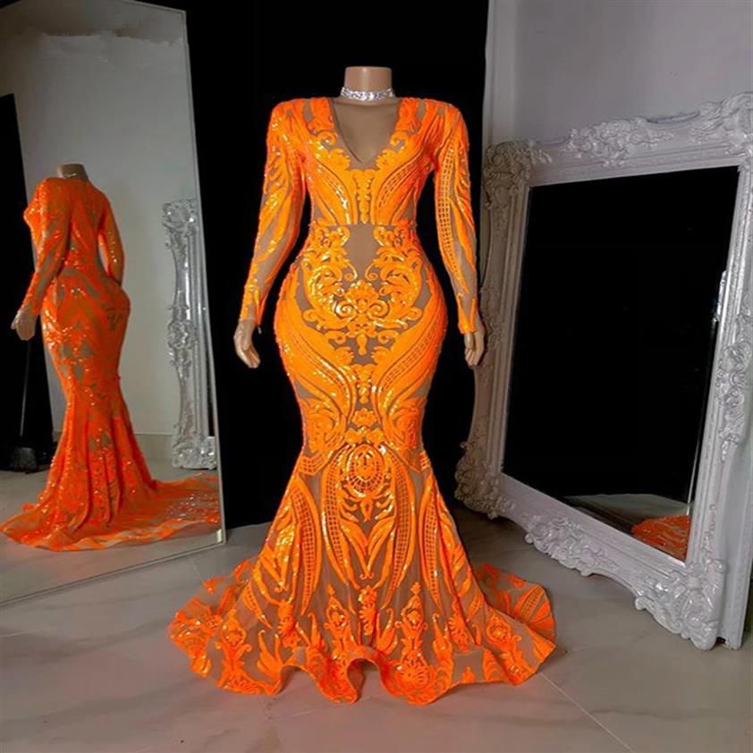 Sparkly Plus Size Prom Dresses 2021 V Neck Long Sleeve Orange Sequined  African Black Girls Mermaid Evening Occasion Dress265B From Uiux, $162.01 |  DHgate.Com