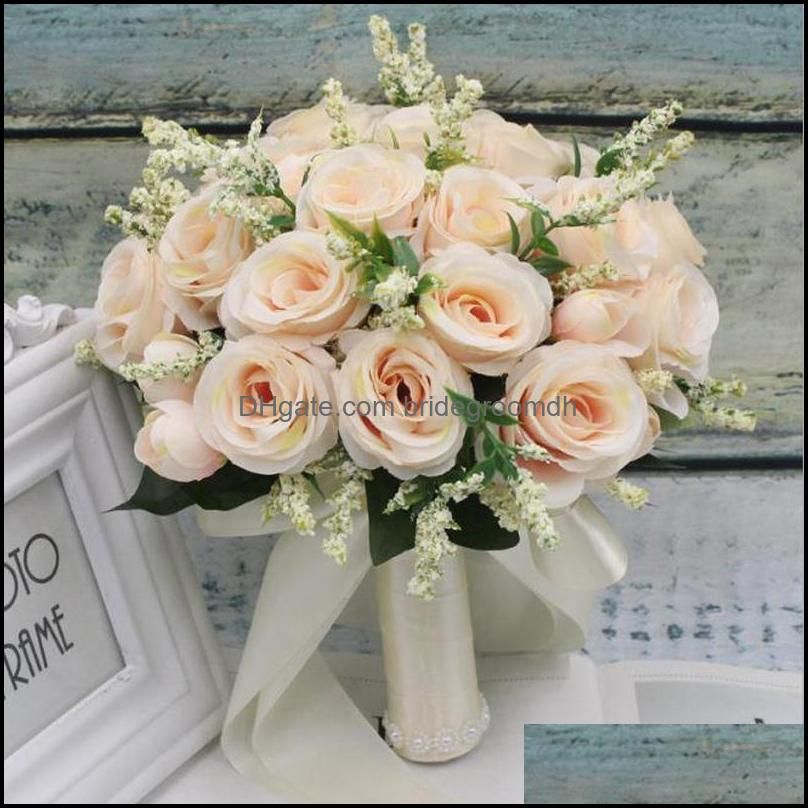 Flores de boda Bouquet Flor artificial hecha a mano rosa buque casamento  Bridal para decoración Ramos