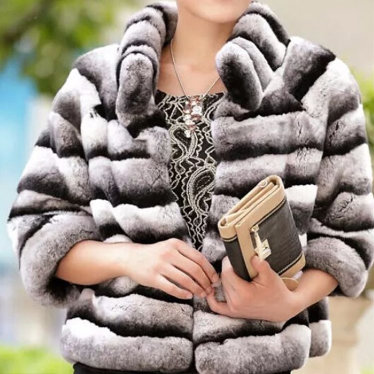 Women Chinchilla Real Rex Rabbit Fur Hooded Coat Full Pelt Warm Overcoat  Jackets