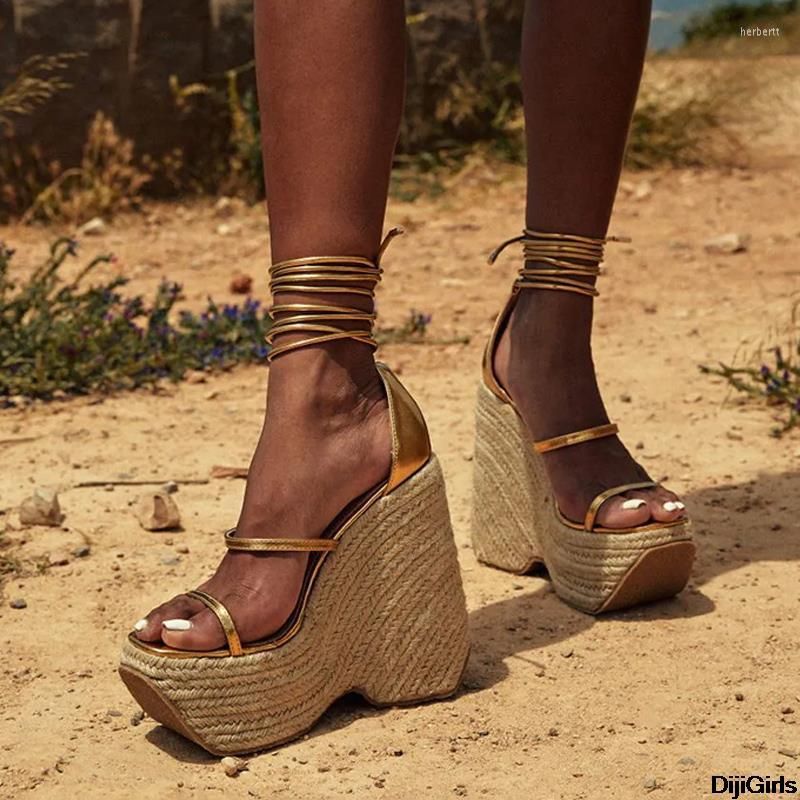 Sandals 2022 Golden Wedge Sandels For Women Handmade Straw Rope