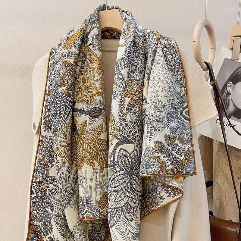 Wool Silk Scarf for Women 135x135cm Square Shawls and Wraps Printed  Designer Double-sided Silk Scarf Hand Edge Wool Pashmina