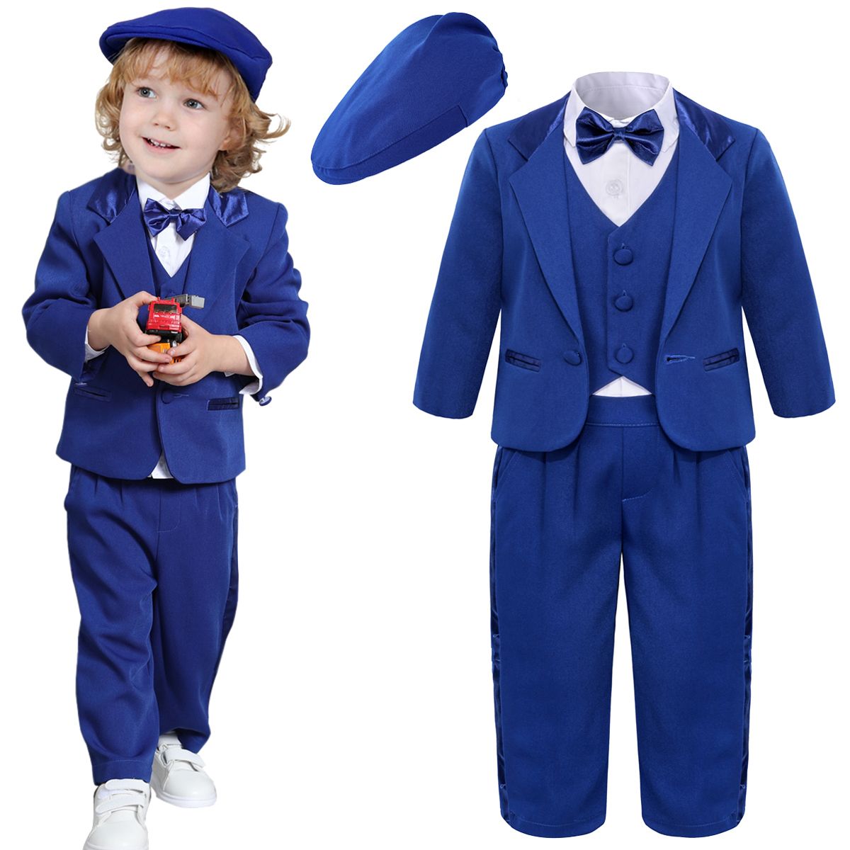 blue suit with hat