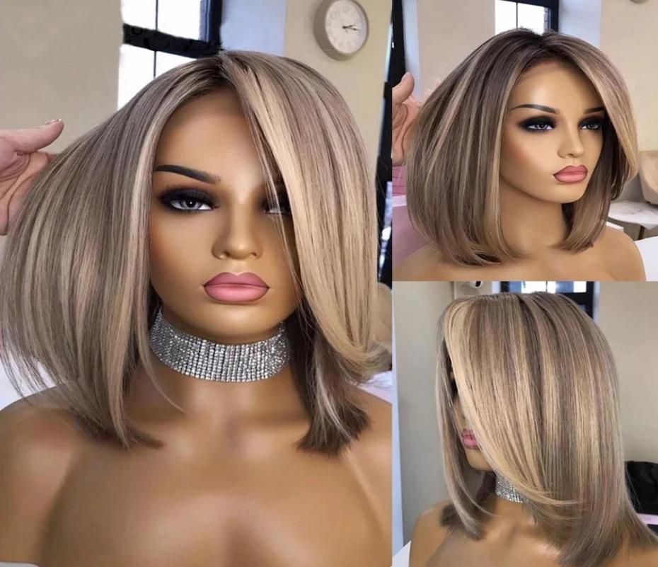 Peruvian Short Bob Ombre Wig Highlights Platinum Blonde 13x6 Lace Front  Human Hair PrePluck Headband Ash Blondes Transparent Laces6515258