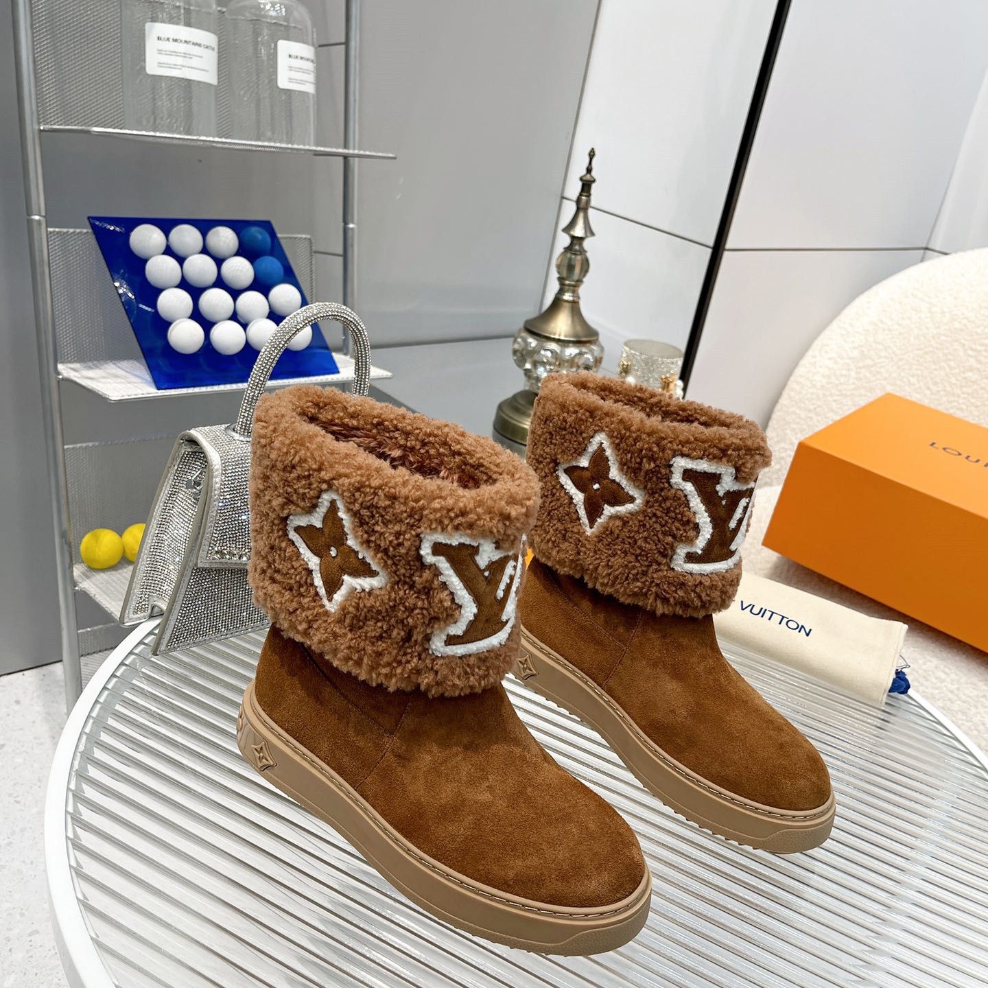Louis Vuitton Snowdrop Suede Calfskin Shearling Flat Ankle Boots Cognac Brown