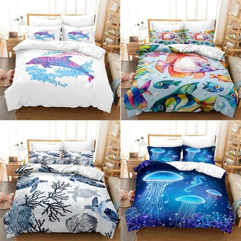 Bedding Sets 3d Cartoon Sea Animal Set Blue Ocean Quilt Cover Pillowcase Single Double Queen King Full Size Bedding Sets 3d Cartoon Sea Animal Set Blue Ocean Quilt Cover Pillowcase Single Double Queen King Full Size