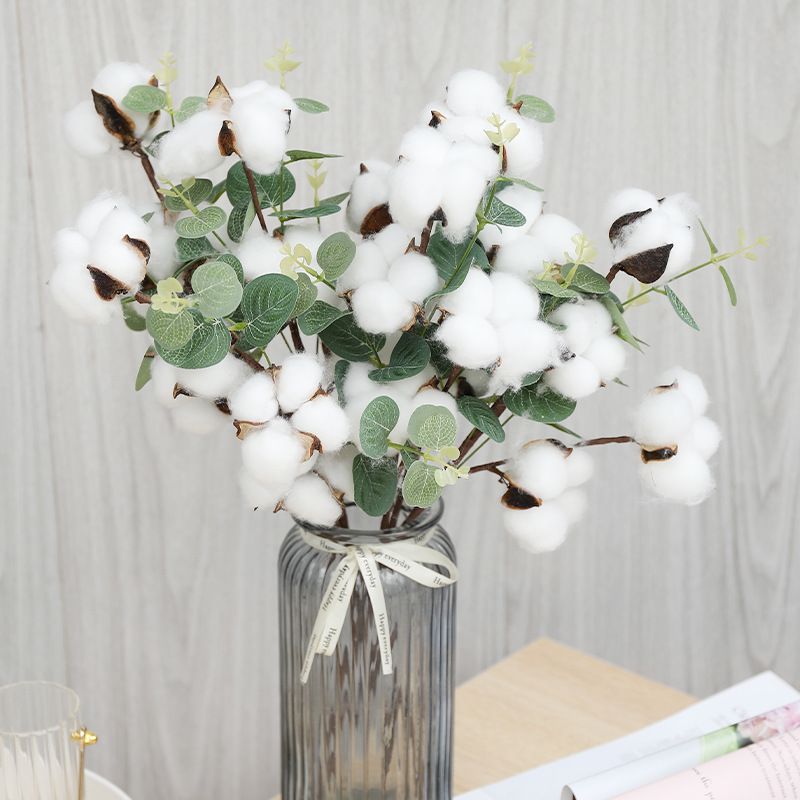 Bouquet 4 têtes tiges à la maison feuilles pour coton fermeh fleurs  artificielles tiges de coton