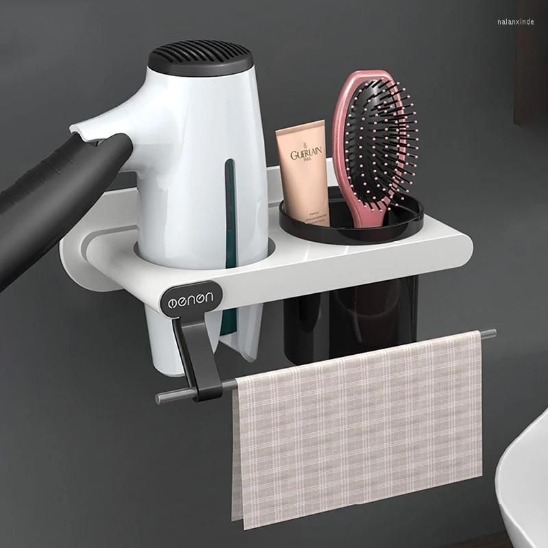 Hooks Hair Dryer Holder Wall Mounted Bathroom Storage Rack Plastic Comb  Organizer Shelf Accessories