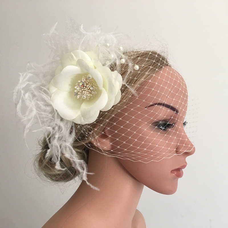 Wedding White Feather & Ivory Floral Fascinator with Veil for Bride Bridesmaid Veil Hair Accessories Wedding White Feather & Ivory Floral Fascinator with Veil for Bride Bridesmaid Veil Hair Accessories