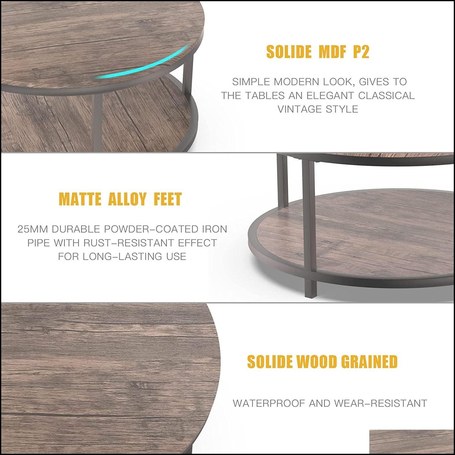 usa stock round coffee table rustic wooden surface top sturdy metal legs industrial sofa table for living room modern design home furniture with storage open