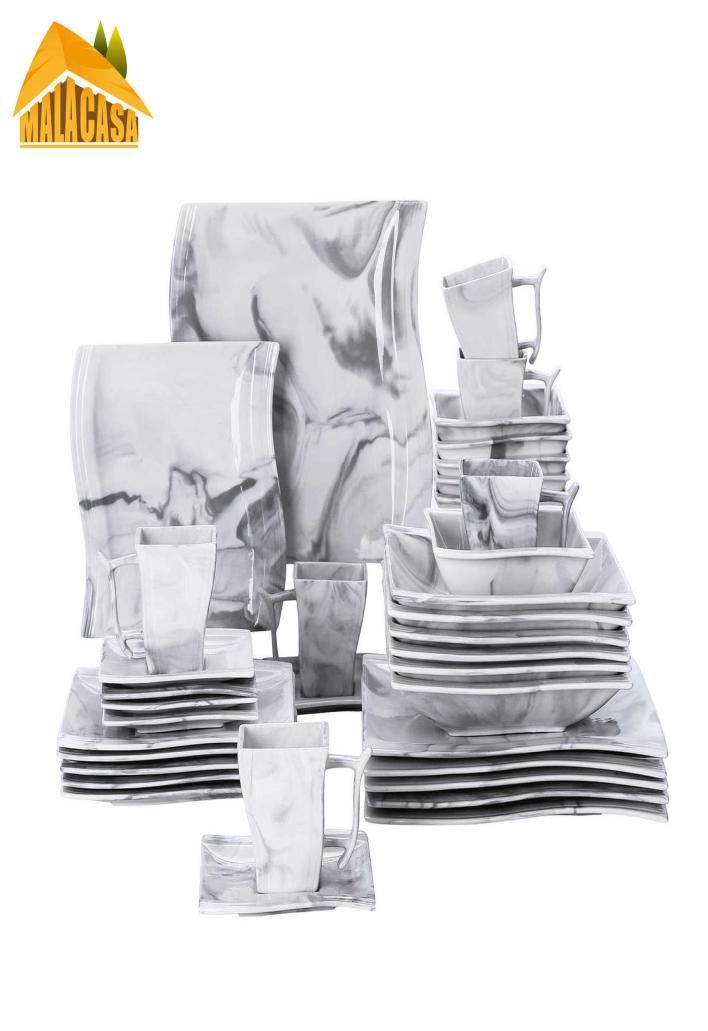 MALACASA Blance Marble Grey Porcelain Dinnerware Set with Cups