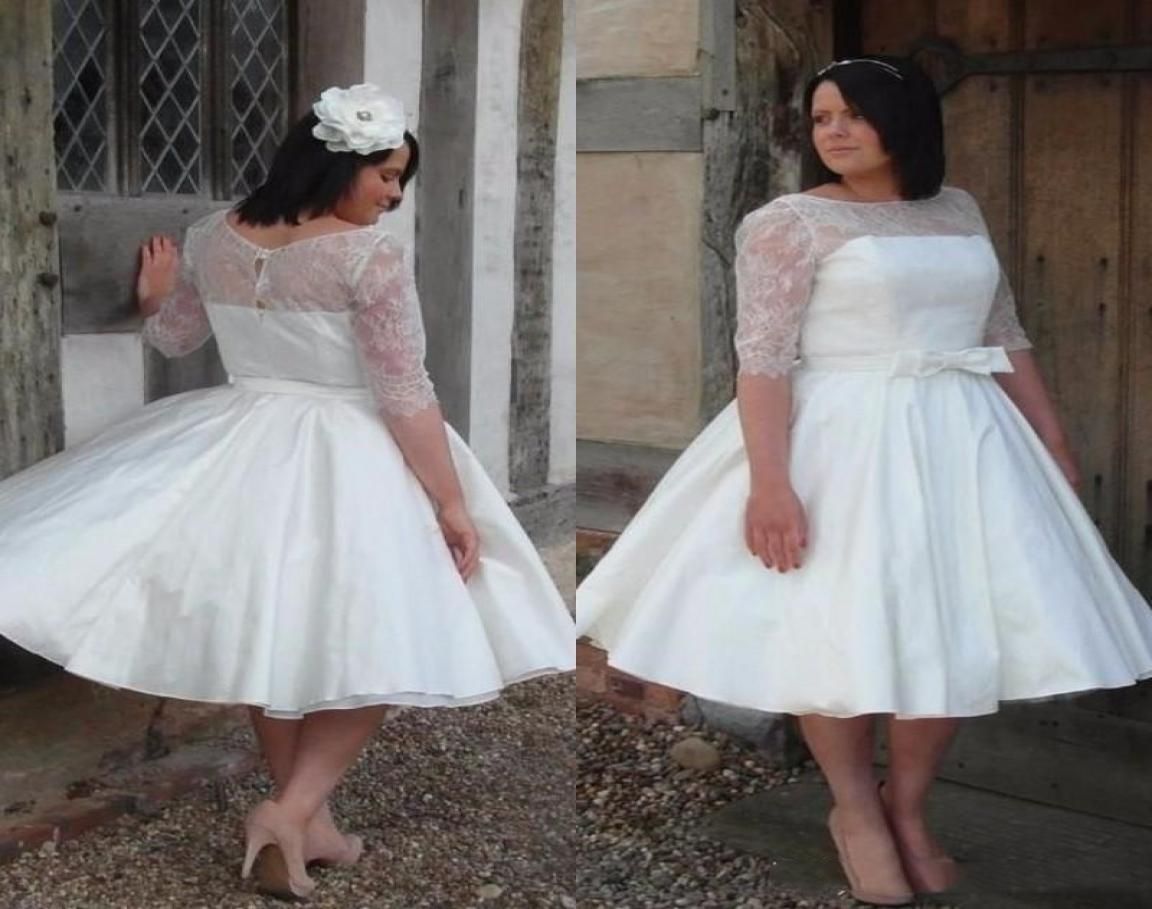 2019 Ivory Lace Satin Half Sleeves Plus Size Vintage Tea Length Dresses Boat Neck 50s Informal Bridal Dress Wedding Gowns 8327712 From Ci4j, $142.19 |