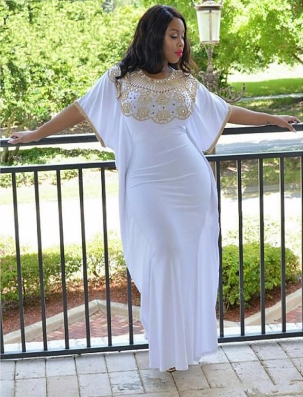 2019 African White Plus Size Prom Dresses with Gold Beaded Jewel Neck Short  Sleeves Evening Gowns Cheap Floor Length Chiffon Forma1844320