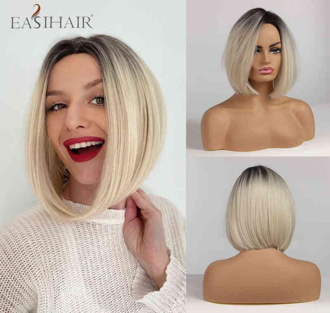Hair Easi Ombre Ash Blonde Short Bob for Women Heat Resistant Synthetic  Straight Cosplay Lolita 220301