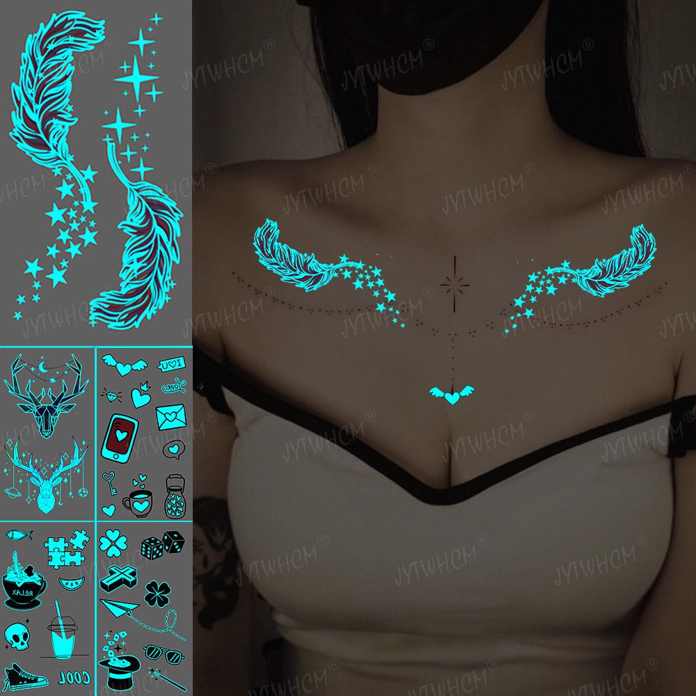 Temporary Tattoos Blue Luminous Sticker Star Feather Waterproof Sexy Body  Art Chest Fake For Men Women 221124