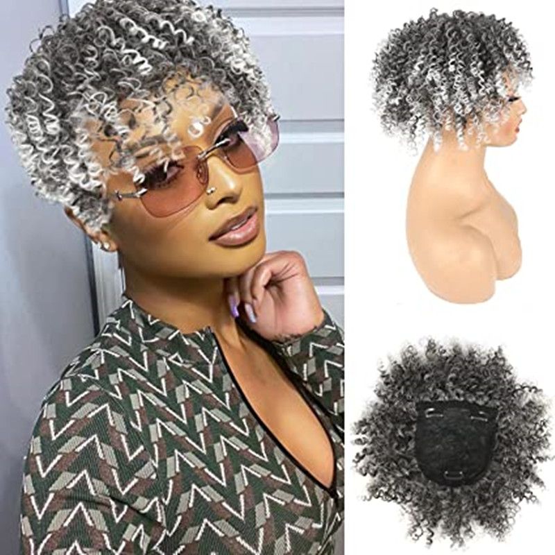 Short ombre silver grey Afro Kinky Curly Hair ponytail puffToppers for Women with Thinning Hairs Clip in Bangs hairpiece real hair extensions 100g Short ombre silver grey Afro Kinky Curly Hair ponytail puffToppers for Women with Thinning Hairs Clip in Bangs hairpiece real hair extensions 100g