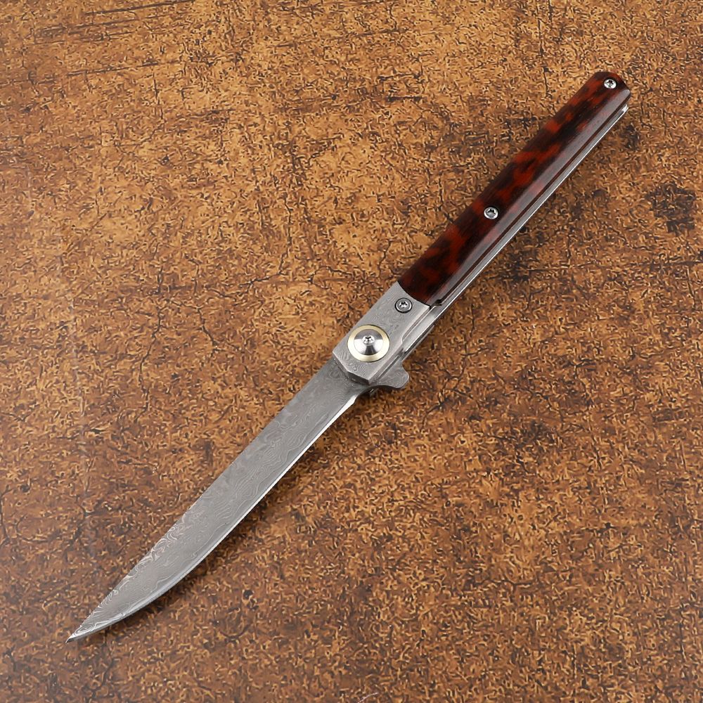 Portable Damascus Steel Snake Grain Wooden Handle Folding Penknife