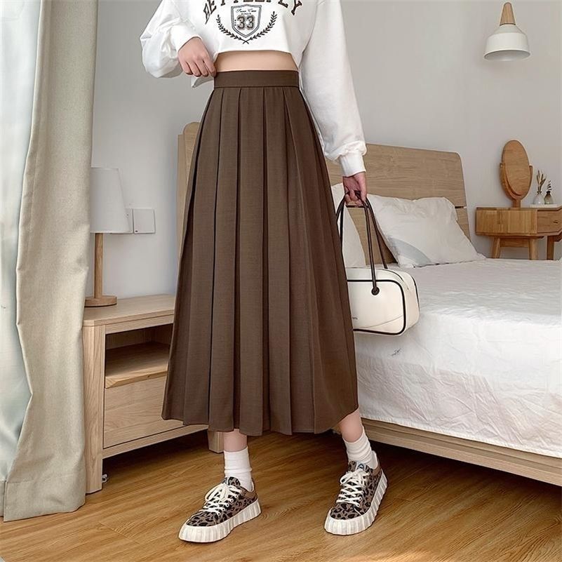 Faldas houzhou vintage marrón plisado faldas largas de mujer cintura alta elegante elegante aline