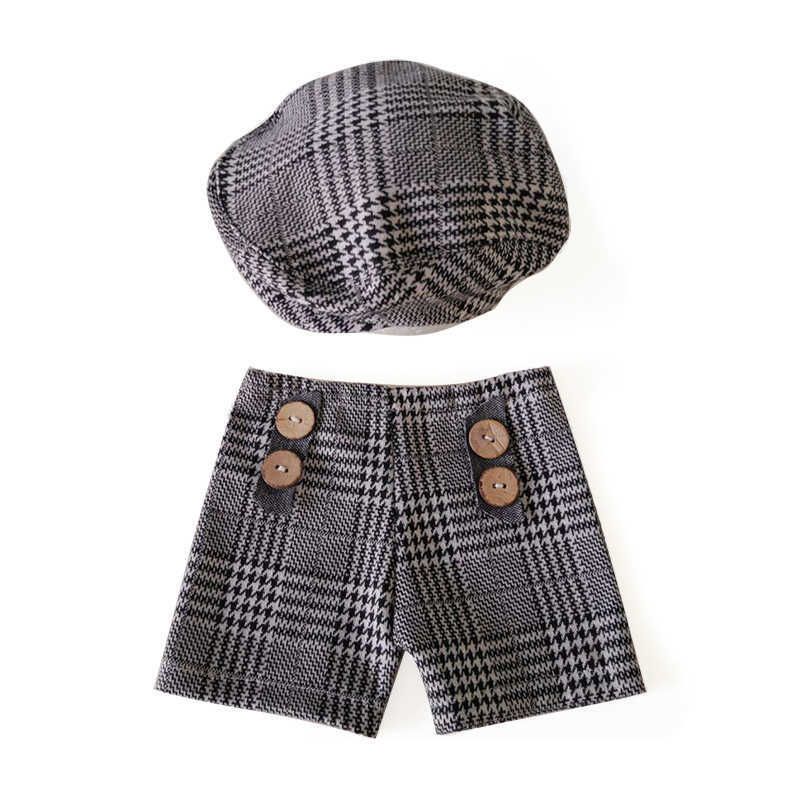 Newborn Photography Props Plaid Jeans Outfit For Christening For Baby Boy With Hat And Pants