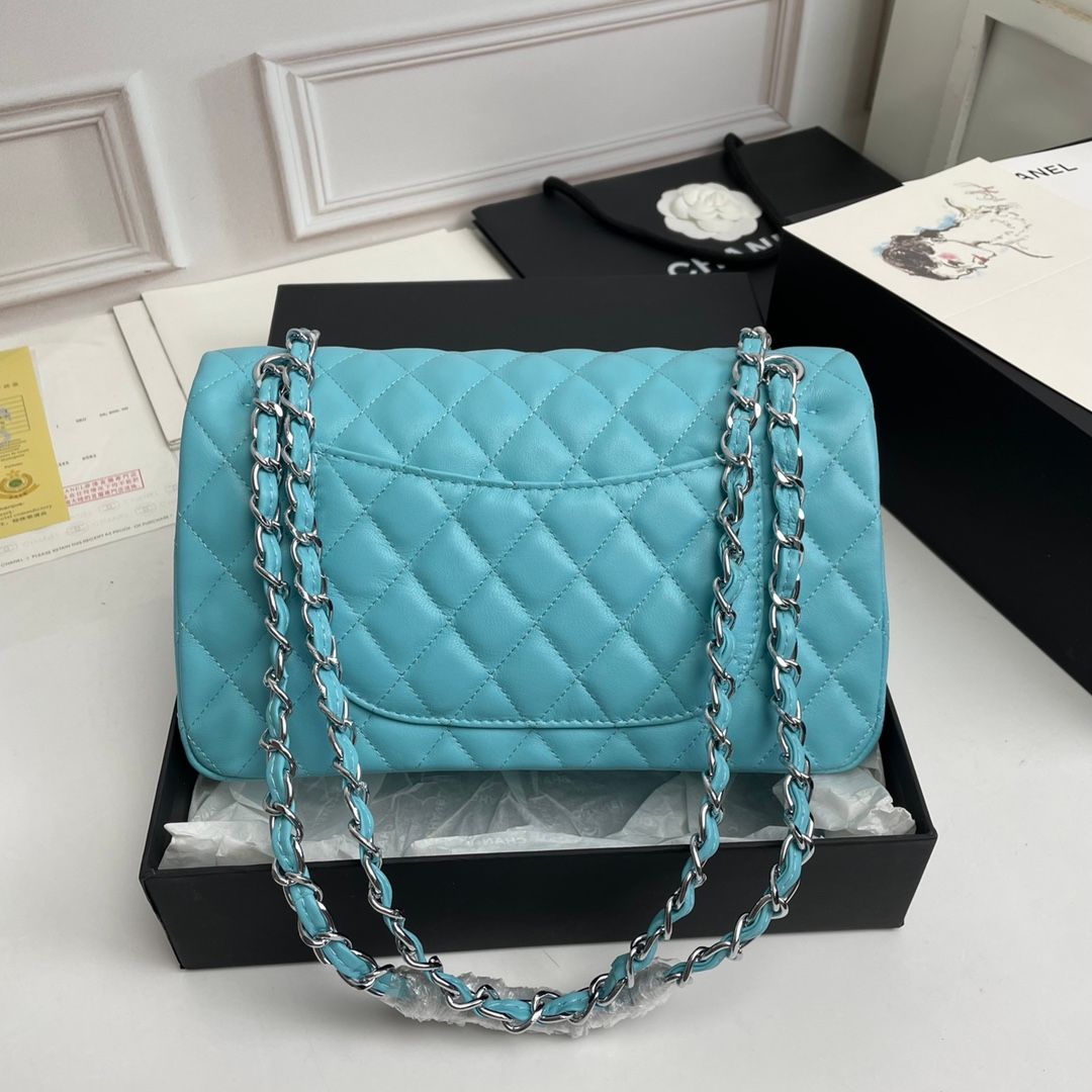 Lightblue gümüş zincir 25cm kuzu derisi