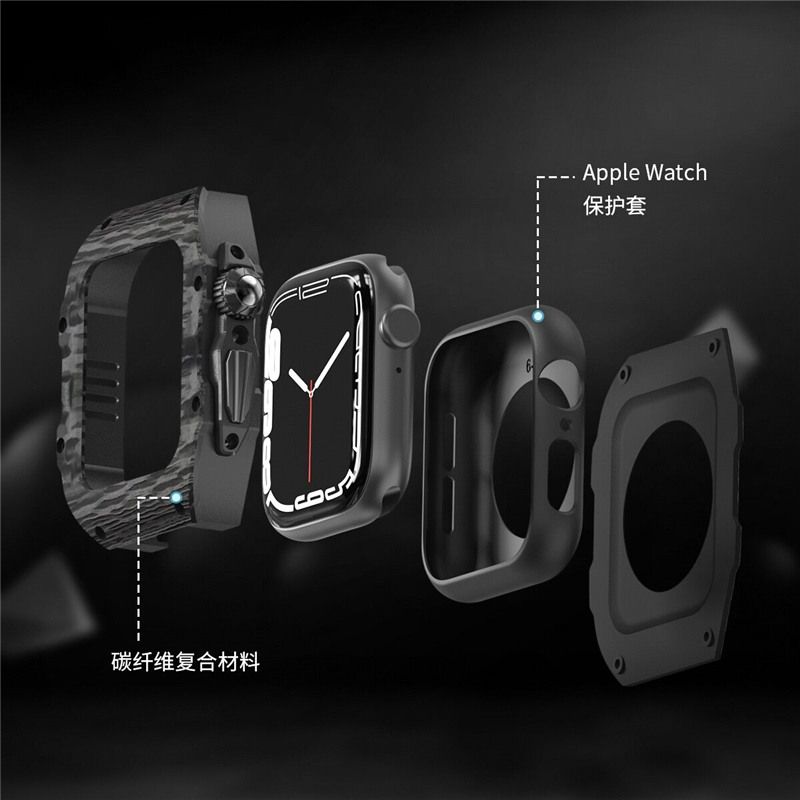 For iWatch Ultra 49mm Mod Kit Carbon Fiber Case Fluororubber Band