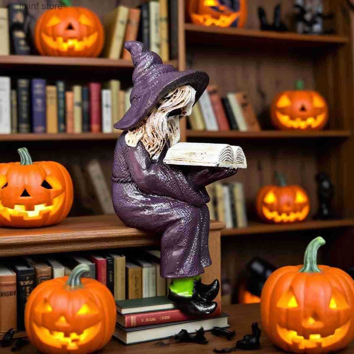T250904 Halloween Witch Reading Book Resin Statue . - Image 4