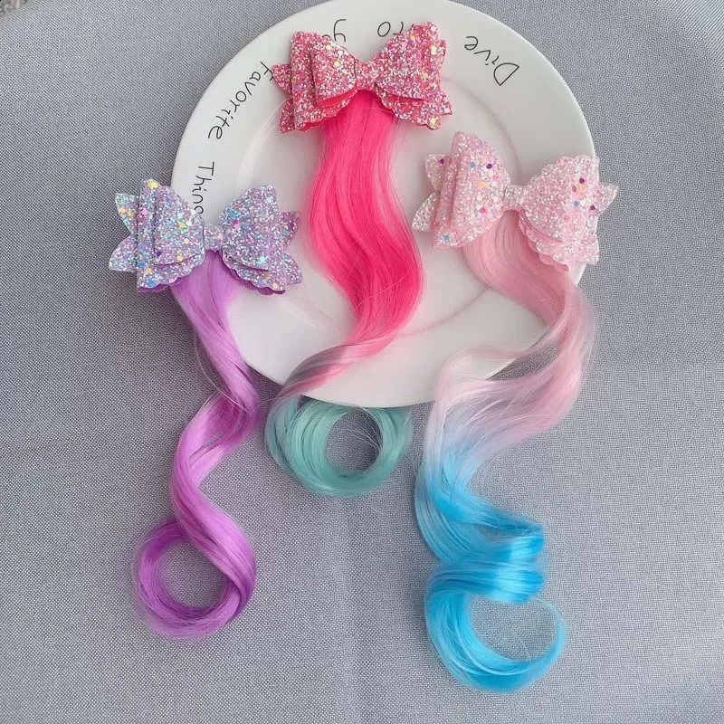 Colorful Wigs Hairclip Ponytail Holder Princess Bows Uni corn view 2