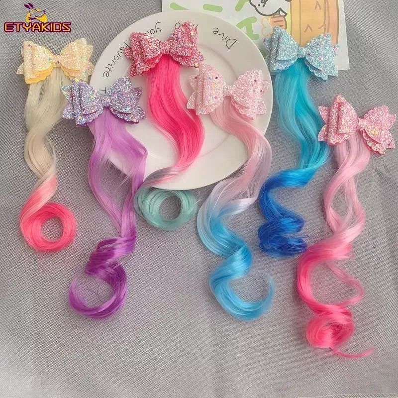 Colorful Wigs Hairclip Ponytail Holder Princess Bows Uni corn