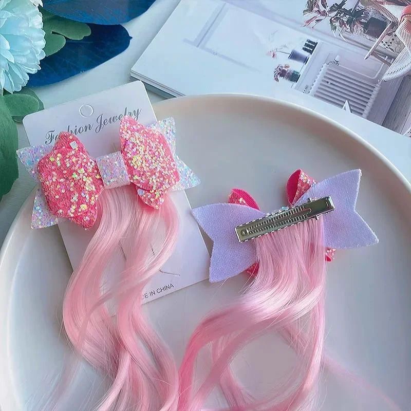 Colorful Wigs Hairclip Ponytail Holder Princess Bows Uni corn view 3