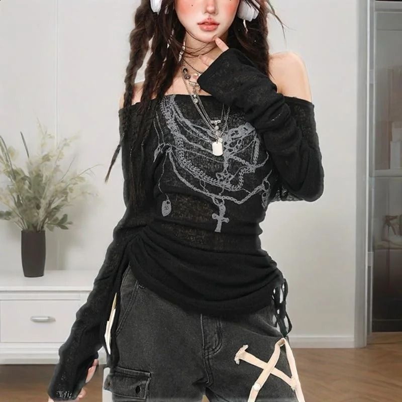 Lamuusaa y2k Gothic Tops Cyber Punk Clothes Print Off Shoulder Long Sleeve Knitted T Shirts 2000s Clothing Streetwear