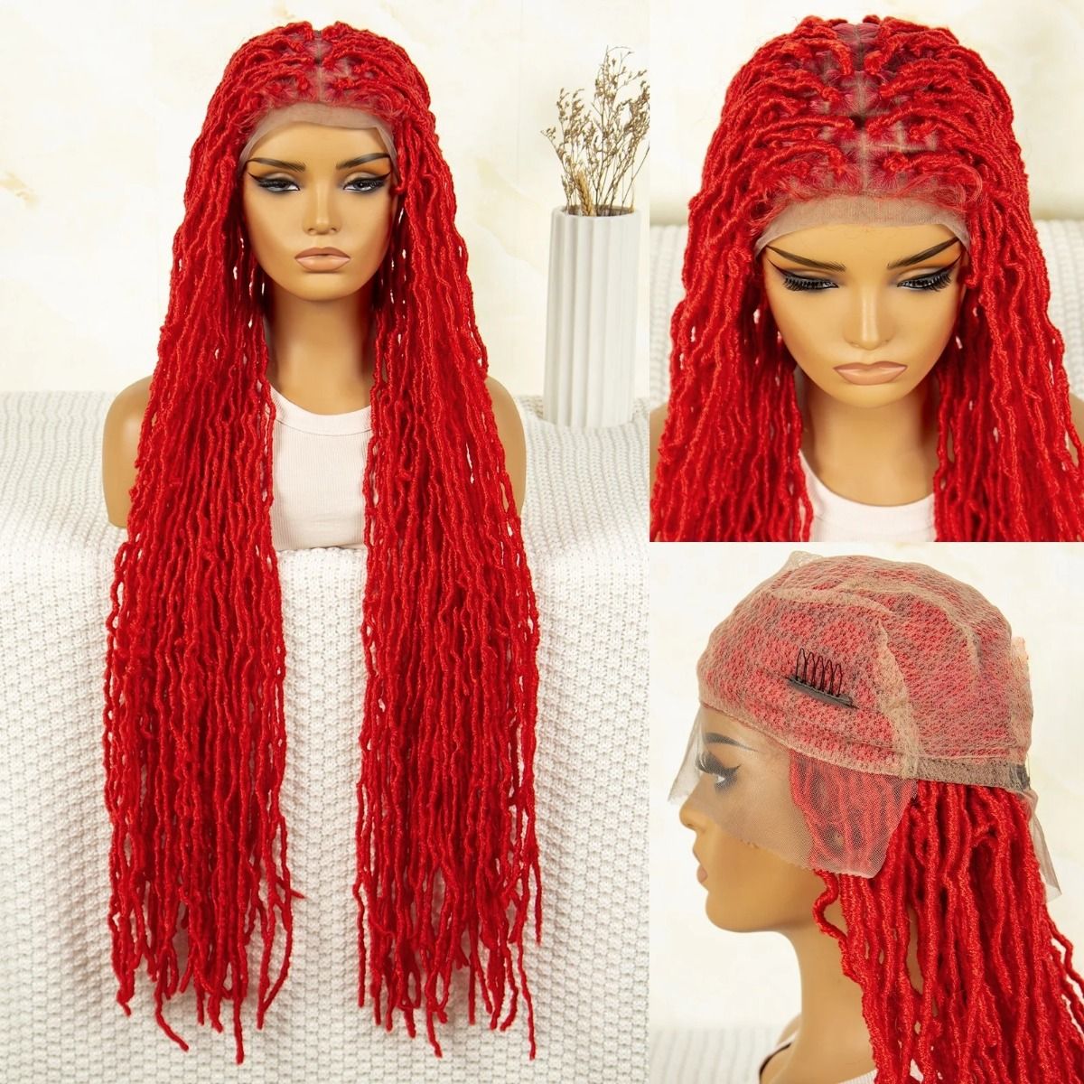 Burgundy 360 Full Lace Box Braided Wig For Black Women detail view 5