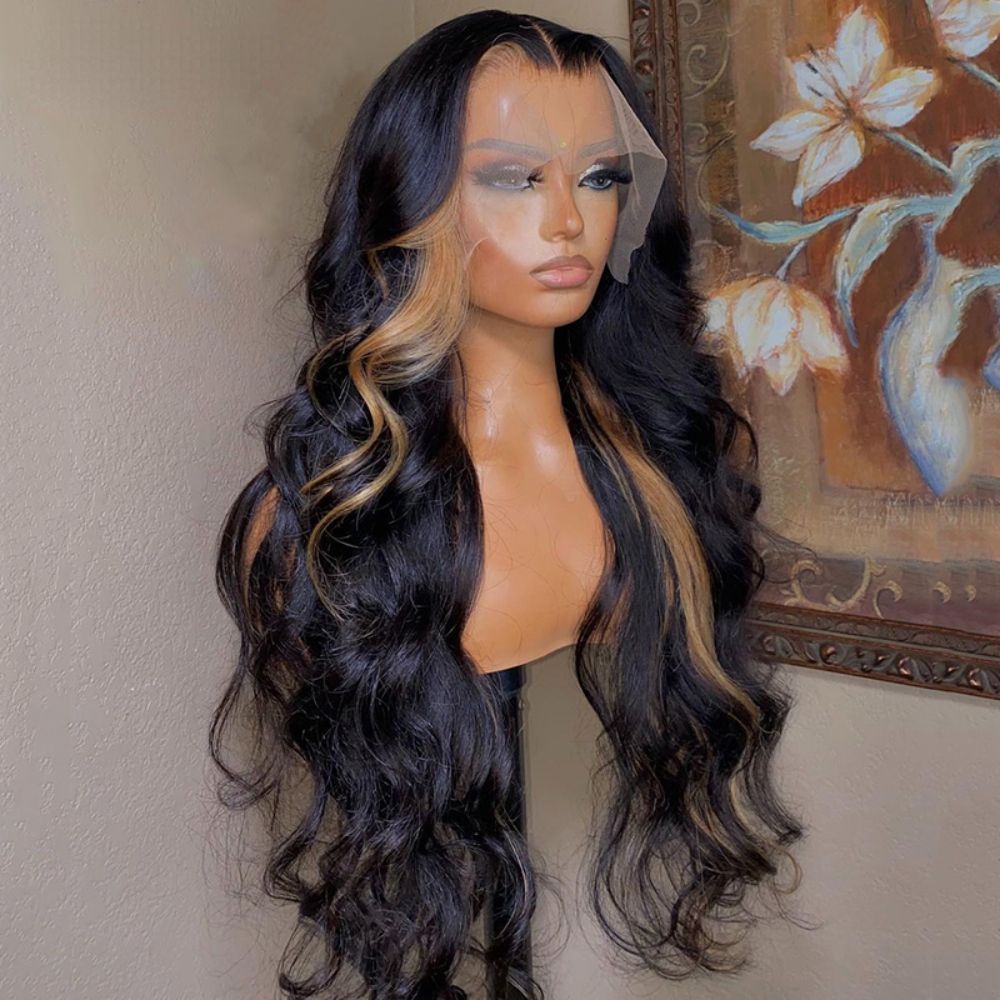180density Ash Blonde Highlight Body Wave Wigs Yellow Brown 13x4 detail view 5