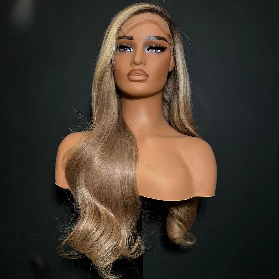 180density Ash Blonde Highlight Body Wave Wigs Yellow Brown 13x4 view 2