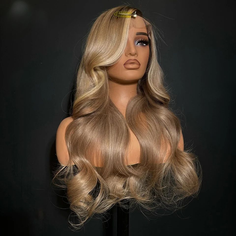 180density Ash Blonde Highlight Body Wave Wigs Yellow Brown 13x4