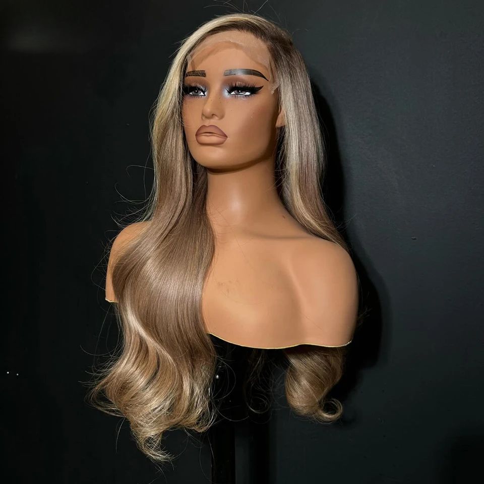 180density Ash Blonde Highlight Body Wave Wigs Yellow Brown 13x4 view 3