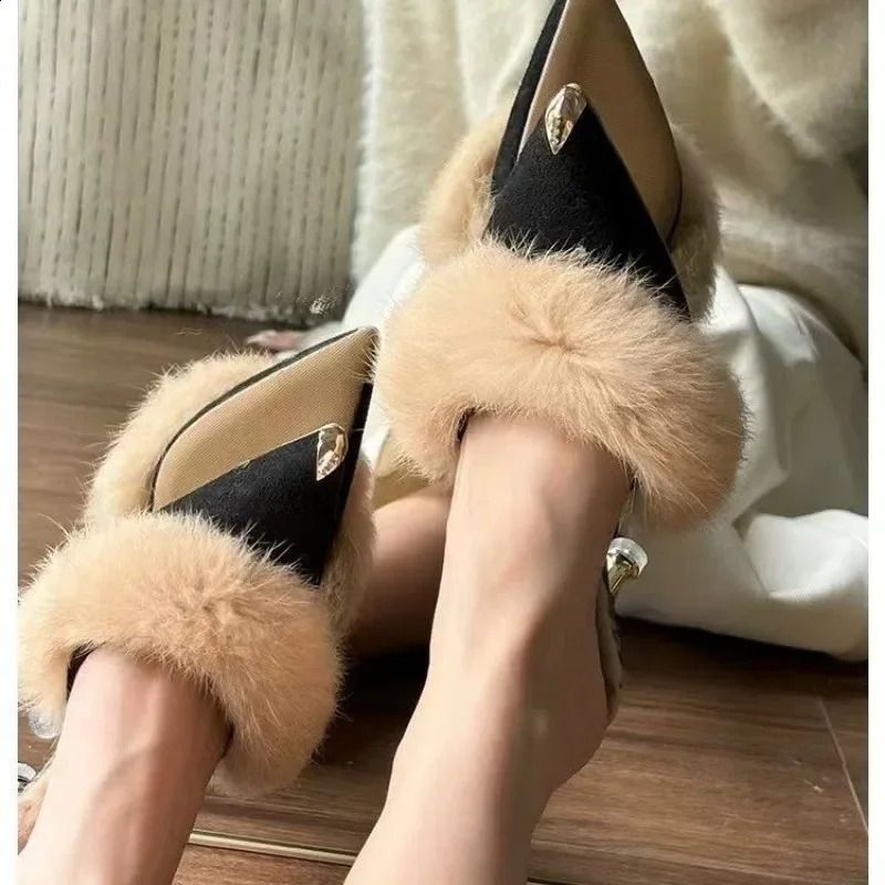 Scarpe da donna Baotou, pantofole eleganti da donna in pelliccia sintetica, punta a punta, tacco a spillo, scarpe da donna Zapatos 250110_voghion.com