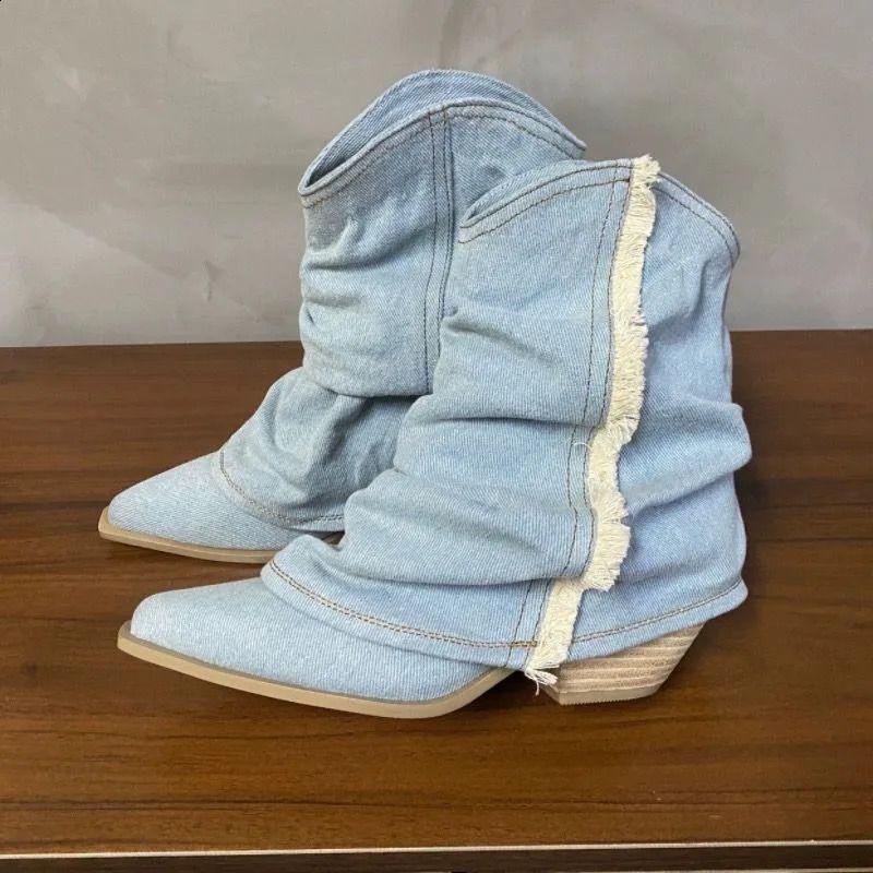 Pleated Knee High Denim For Women Autumn Pointed Toe Chunky Heels Cowboy Boots Woman Plus Size Western Jeans Shoes_voghion.com