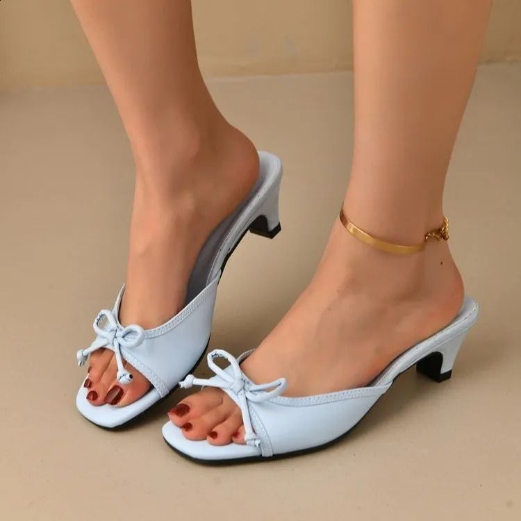Elegant Bowknot Decoration Slides Classic Open Square Toe Slippers Summer Comfortable Low Heels Slip On Shoes 250806_voghion.com