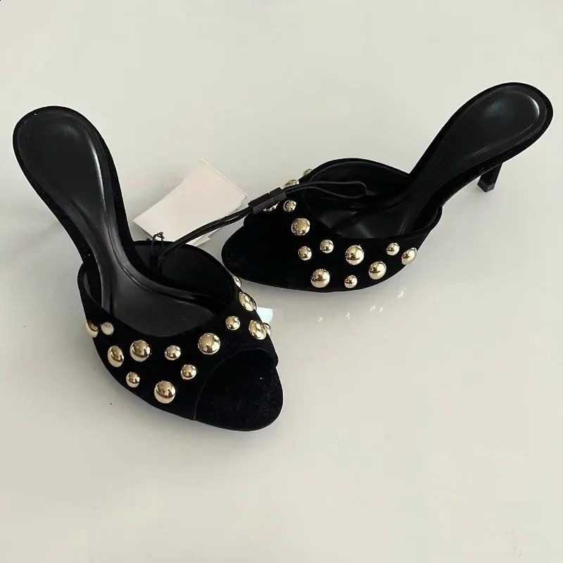 Studded Peep Toe Mules Stiletto Slip On Gold Rivets Decor Classic Sexy Women Summer Sandals Dress Party Daily Casual_voghion.com