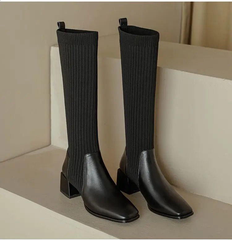 Comemore Retro Strickstiefel mit elastischem Knie, hohem Absatz, Damen-Sockenstiefel, lange Stiefel zum Hineinschlüpfen, Herbststiefel, Einzelstiefel 250821_voghion.com