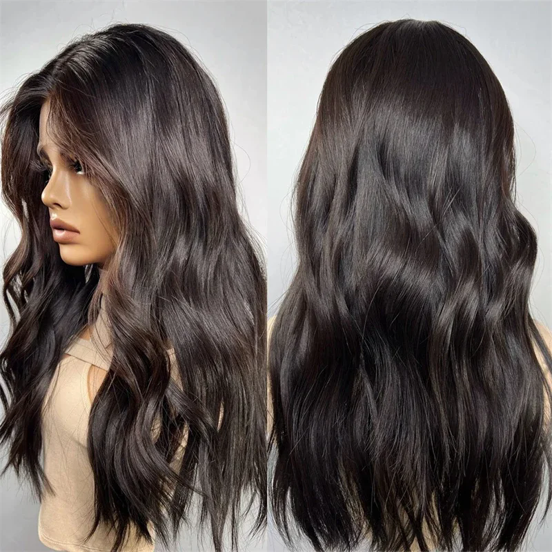 Dark burnette brown natural low highlights loose wavy Human Hair view 3