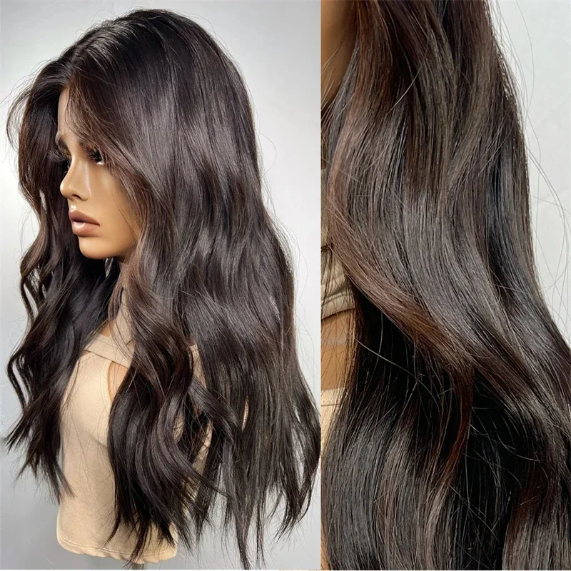 Dark burnette brown natural low highlights loose wavy Human Hair