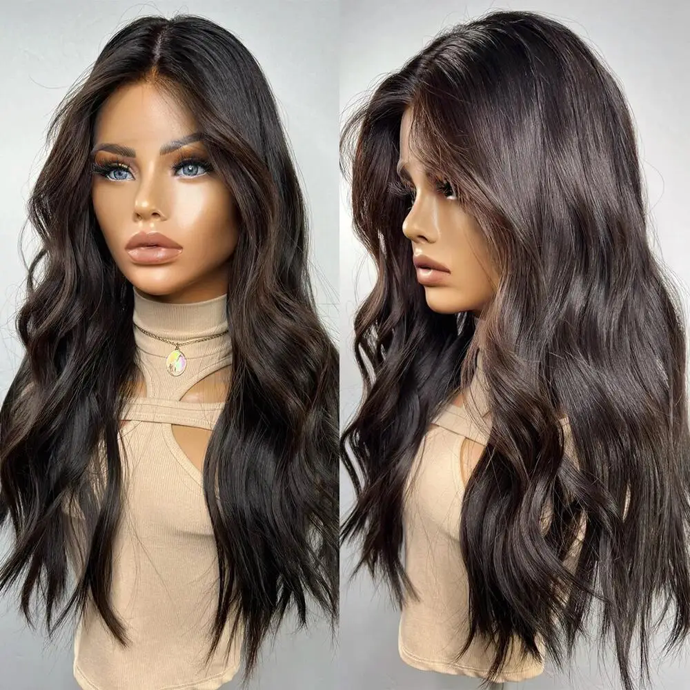 Dark burnette brown natural low highlights loose wavy Human Hair detail view 3
