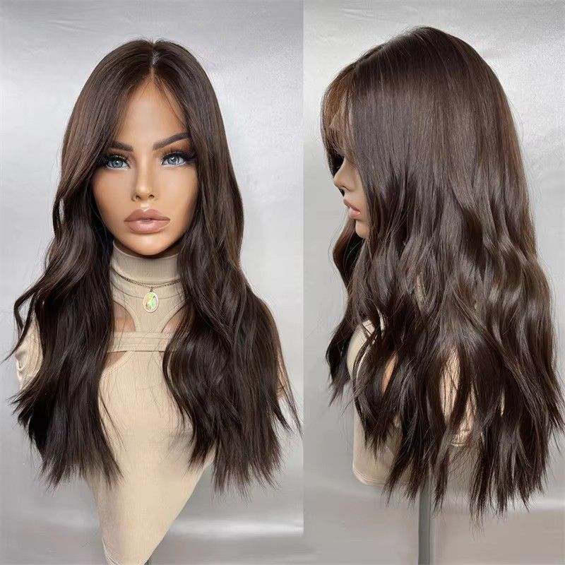 Dark burnette brown natural low highlights loose wavy Human Hair detail view 4