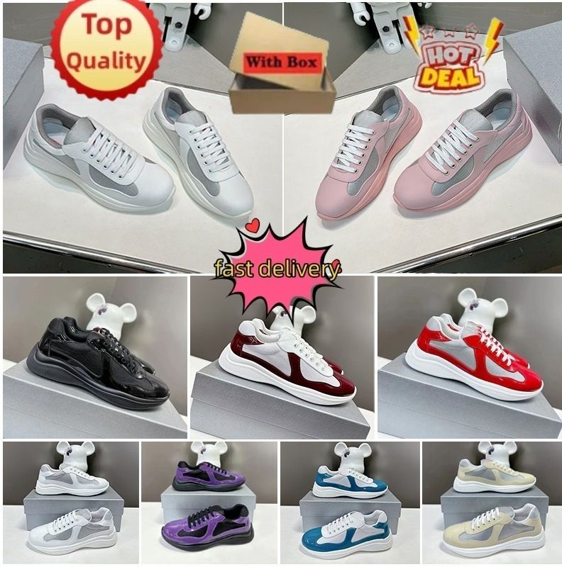 Men Americas Cup Xl Leather Sneakers Real Patent Leather Women Flat Trainers Black Mesh Lace-up Casual Shoes Outdoor Runner Sport Shoes Size 36-47