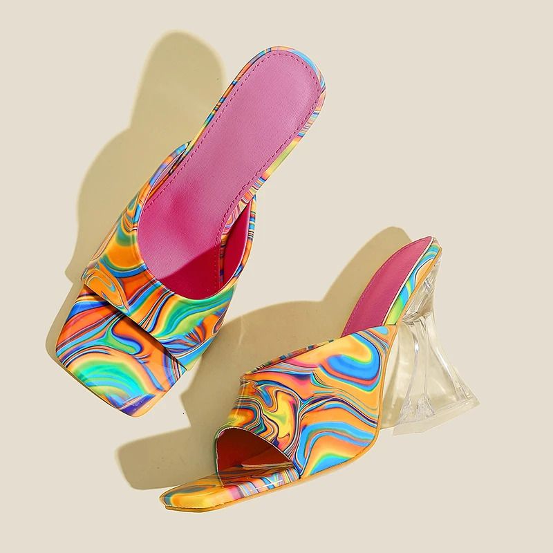 Sandali e ciabatte casual semplici con punta aperta in cristallo, tacco alto sagomato, colore alla moda, punta quadrata, per esterni 250317_voghion.com