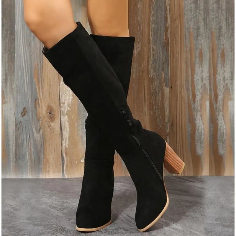 Knee High Heels Women Leather Chunky Fashion Shoes Pointed Toe Snow Long Boots Pumps Punk Chelsea Botas Mujer 251126_voghion.com