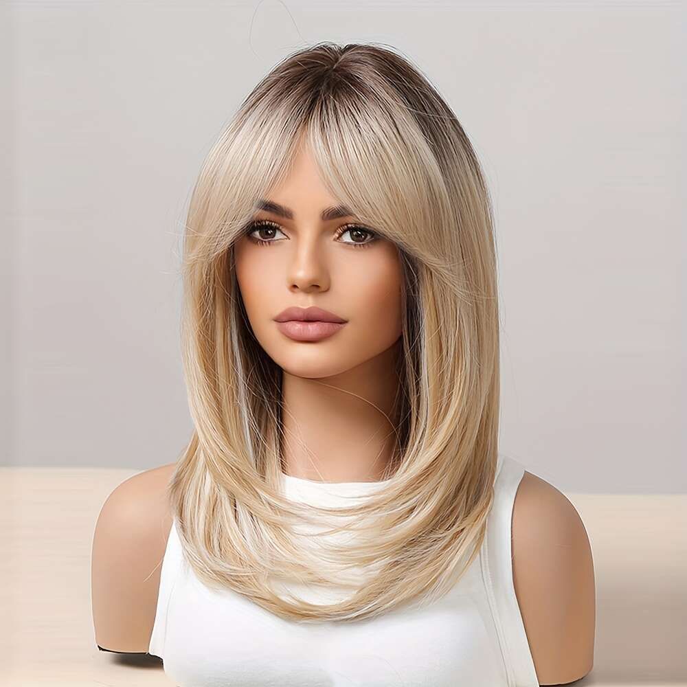 Layered Blonde Chic Wig 18-Inch With Bangs And Dark Roots view 2