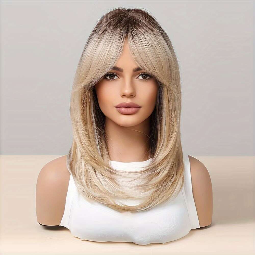 Layered Blonde Chic Wig 18-Inch With Bangs And Dark Roots view 3