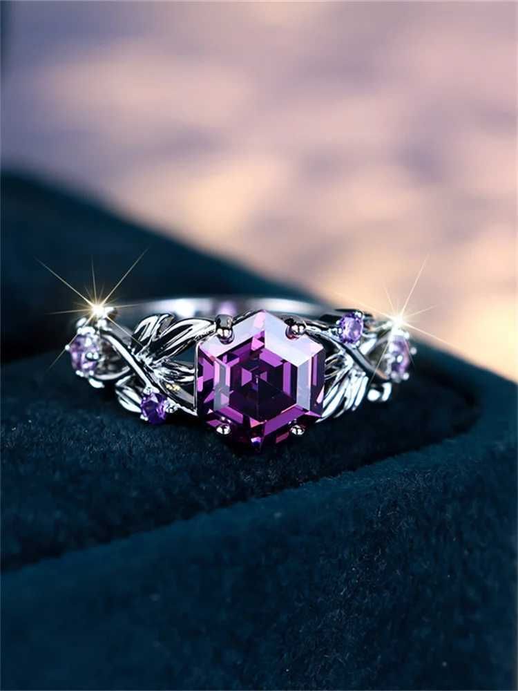 High Gorgeous Purple Inlaid Hexagon Zircon Twist Ring Fashion Silver Color Dainty Vintage Wedding Rings For Women_voghion.com