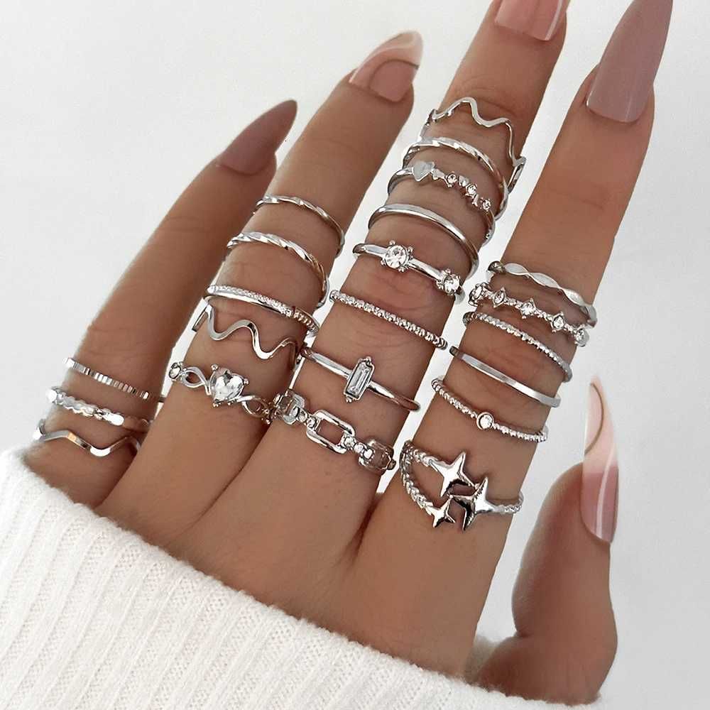 Conjunto de 22 peças de anéis geométricos simples em metal, estilo boho, com formato de coração e diamante, em formato de estrela, para mulheres (M251215)_voghion.com